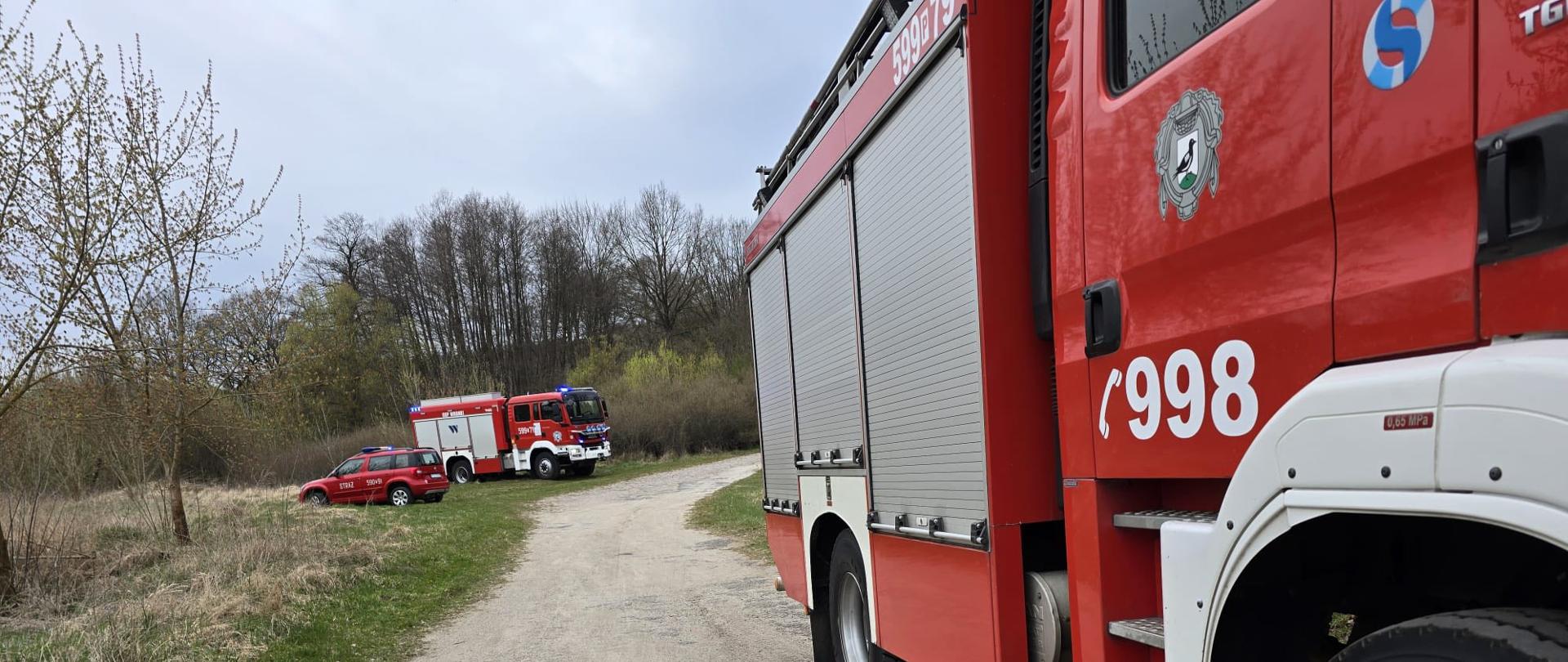 Dwa samochody strażackie na trawie, jeden na drodze
