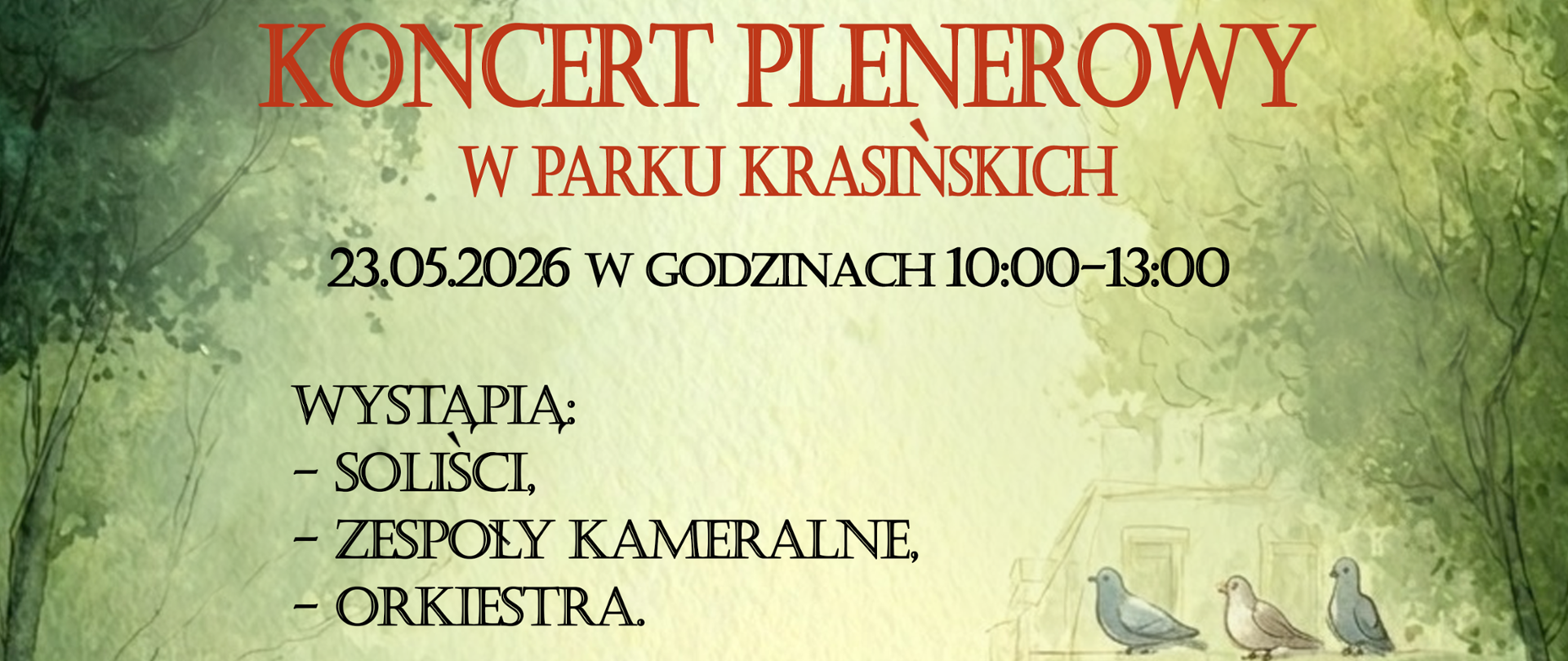 W nagłówku znajduje się kolorowe logo oraz pełna nazwa szkoły: Państwowa Szkoła Muzyczna I st. nr 1 im. Oskara Kolberga w Warszawie. Poniżej: Serdecznie zaprasza na Koncert plenerowy w parku Krasińskich, 23.05.2026 w godzinach 10-13. Wystąpią: soliści, zespoły kameralne, orkiestra. Szukajcie nas w Parku. Grafika na plakacie przedstawia dzieci z następującymi instrumentami: flet, skrzypce, trąbka, akordeon, wiolonczela, altówka. Całość przedstawiona jest w scenerii lasu. 