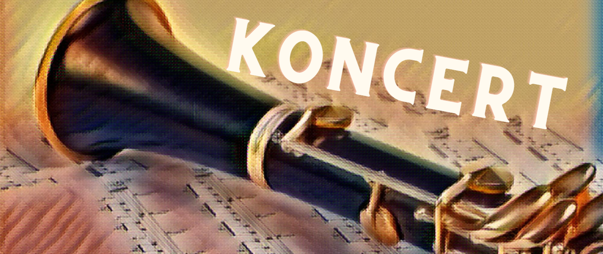 Grafika przedstawiająca fragment klarnetu leżący na nutach. Na górze z prawej strony napis KONCERT.