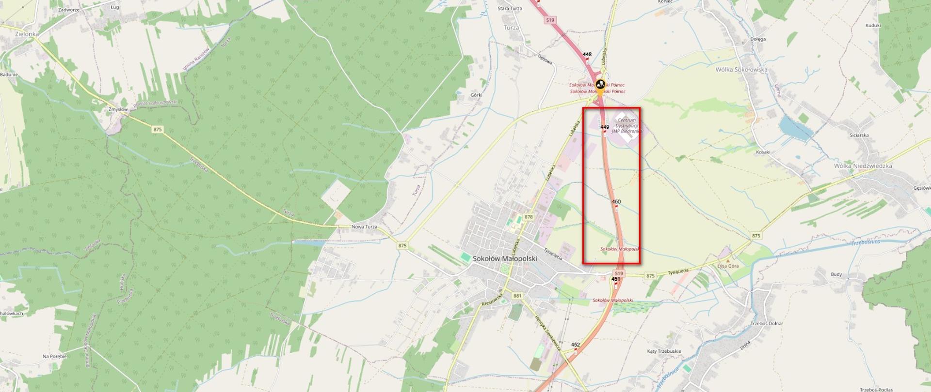 Mapa z zaznaczonym odcinkiem drogi ekspresowej S19 w okolicach Sokołowa Małopolskiego 