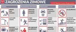 Infografika w obrazkach przedstawiająca podstawowe zagrożenia podczas sezonu zimowego. 