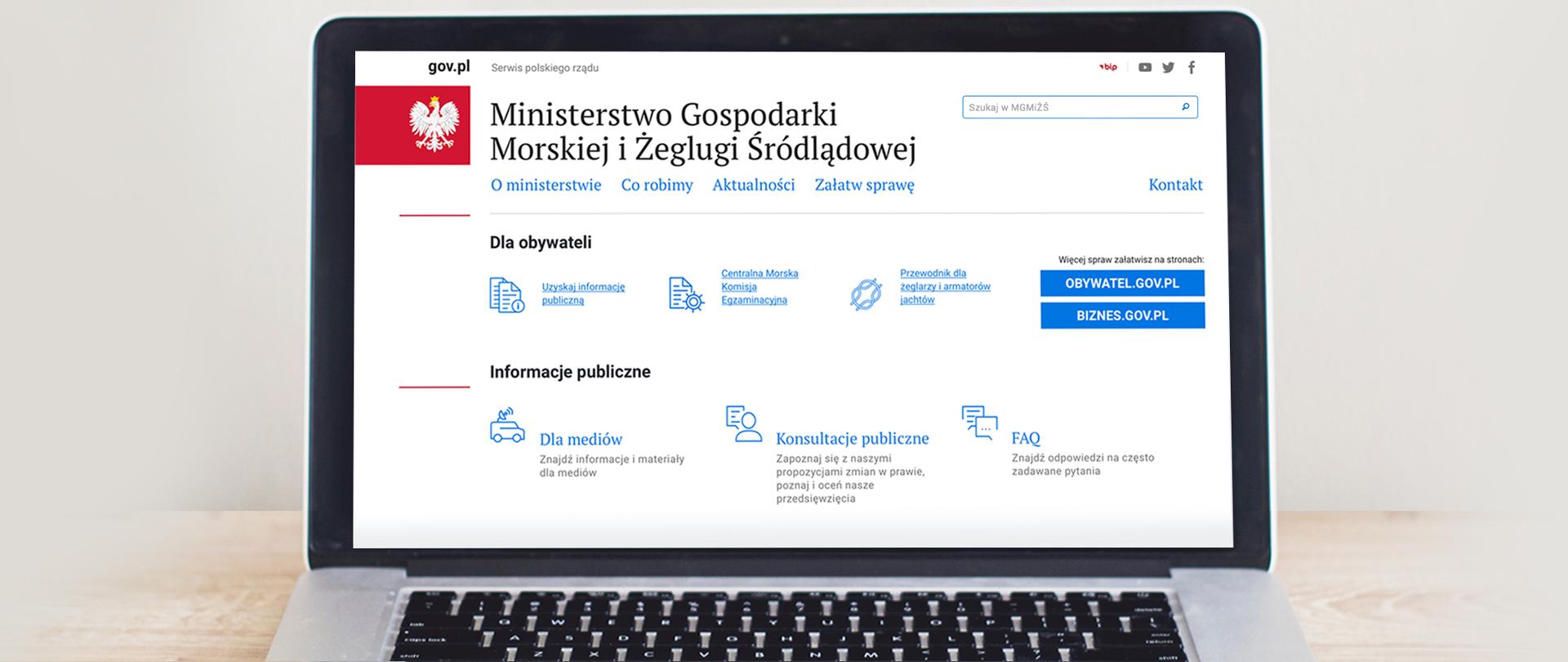 Zdjęcie Monitora komputerowego z podglądem strony Ministerstwa gospodarki Morskiej 