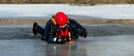 Zdjęcie przedstawia strażaków podczas ćwiczeń z zakresu ratownictwa lodowego na zamarzniętym stawie 