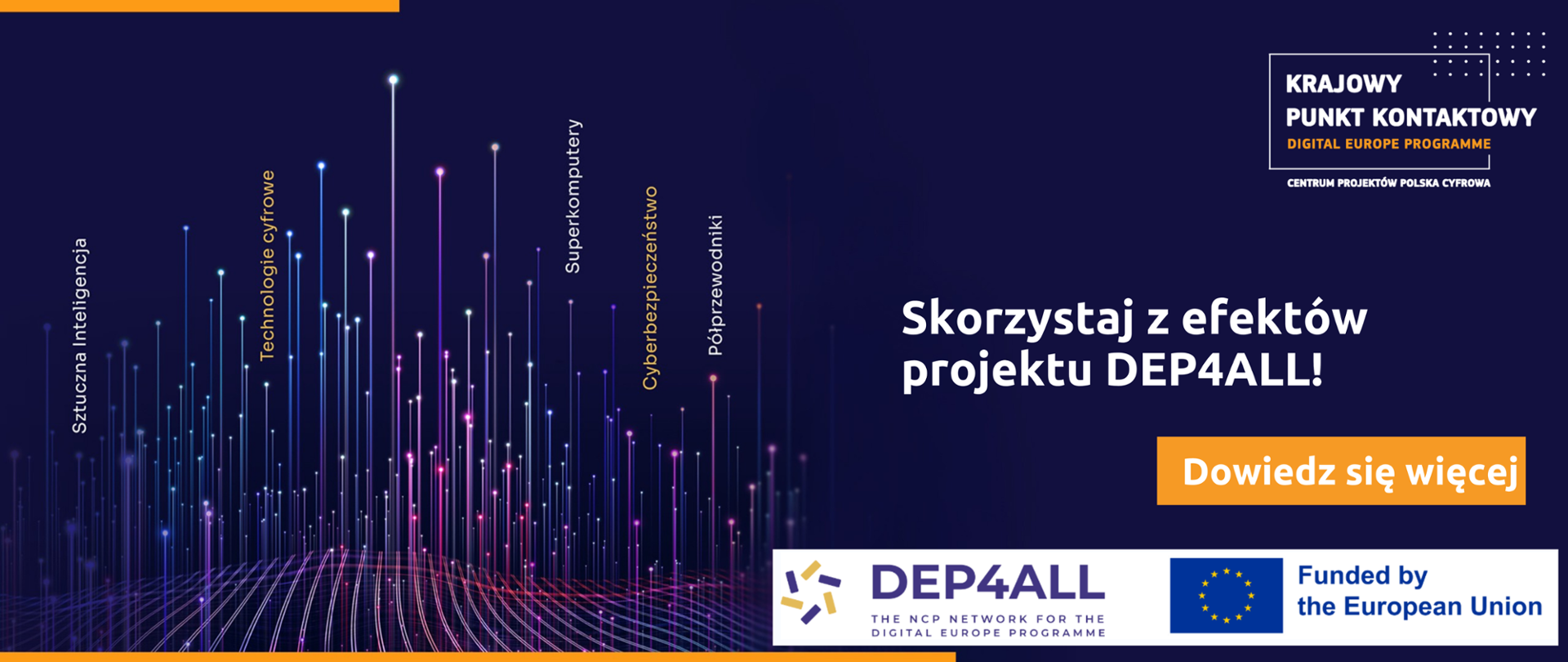 Na głównym planie po prawej stronie widnieje biały napis „Skorzystaj z efektów projektu DEP4ALL!”. Niżej na pomarańczowym prostokącie znajduje się biały napis – „Dowiedz się więcej”. Pod nim na białym prostokącie umieszczono logotyp projektu DEP4ALL oraz oznaczenie z flagą europejską, wskazujące na finansowanie przez UE. W prawym górnym rogu widnieje logo Krajowego Punktu Kontaktowego dla Programu Cyfrowa Europa. W lewej części znajduje się abstrakcyjna grafika przedstawiająca różnokolorowe promienie przebijające pofalowaną płaszczyznę. Nad promieniami umieszczono pionowo napisy: Sztuczna Inteligencja, Technologie cyfrowe, Superkomputery, Cyberbezpieczeństwo oraz Półprzewodniki.