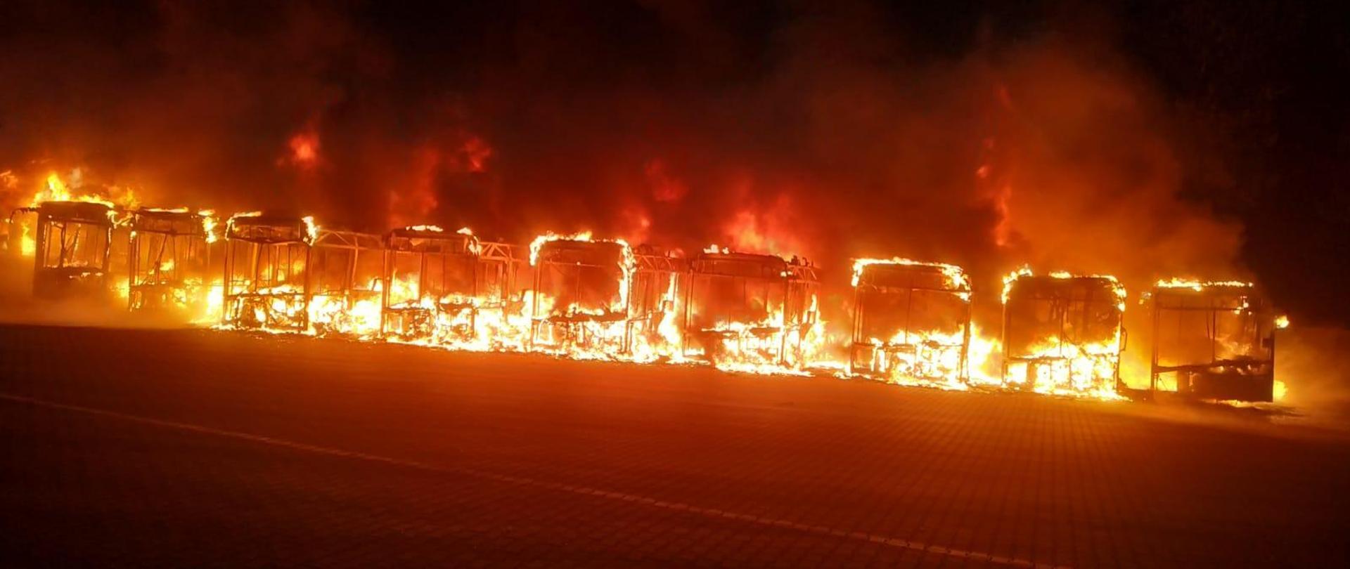Na zdjęciu widoczne dziewięć autobusów objętych płomieniami
