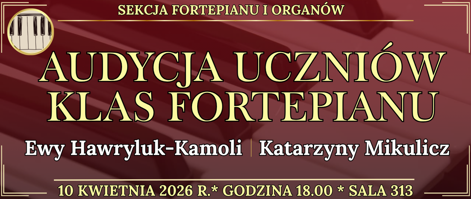 baner w tle klawiatura fortepianu oraz informacja o wydarzeniu
