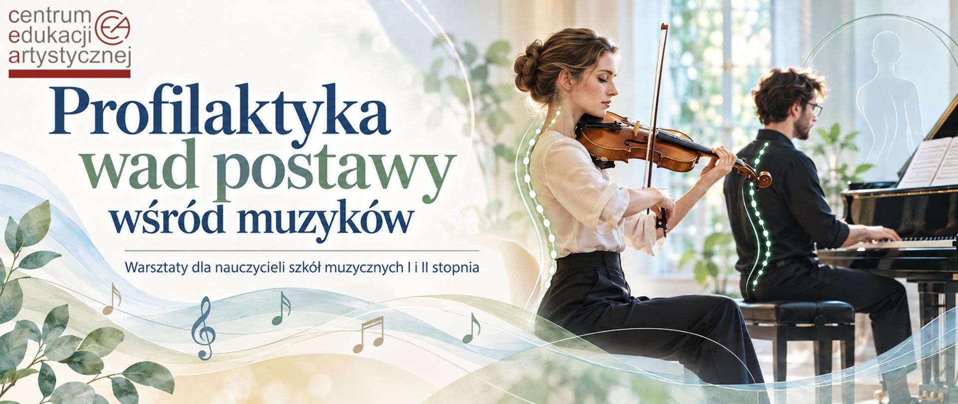 Pianista i skrzypaczka z graficznie oznaczoną postawą kręgosłupa. 