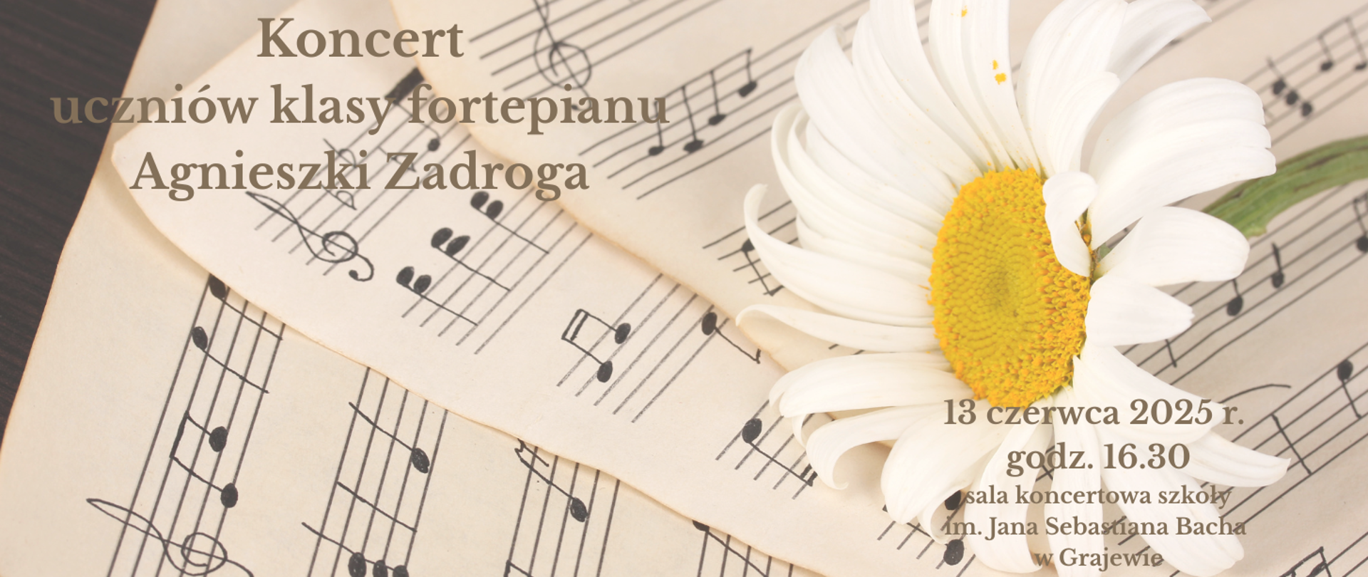 Plakat z zaproszeniem na koncert. W tle papier nutowy i kwiat rumianek.