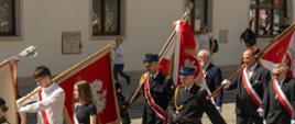 Fotografia przedstawia uroczysty przemarsz różnych pocztów sztandarowych idących brukowaną ulicą w słoneczny dzień. Wszystkie grupy maszerują zorganizowanym krokiem, kierując się w lewą stronę kadru.