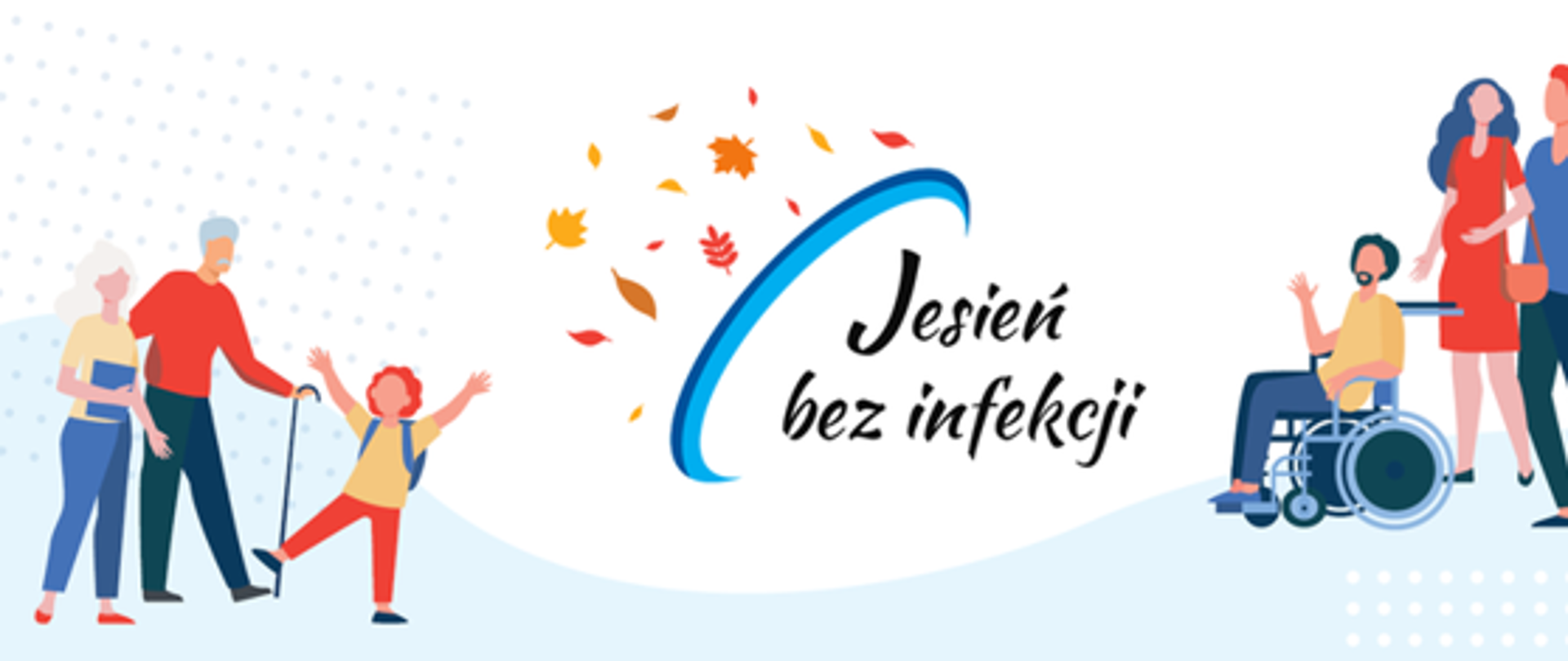 Baner informacyjny kampanii „Jesień bez infekcji” przedstawiający osoby w różnym wieku oraz osobę korzystającą z wózka inwalidzkiego na tle stylizowanych jesiennych liści.