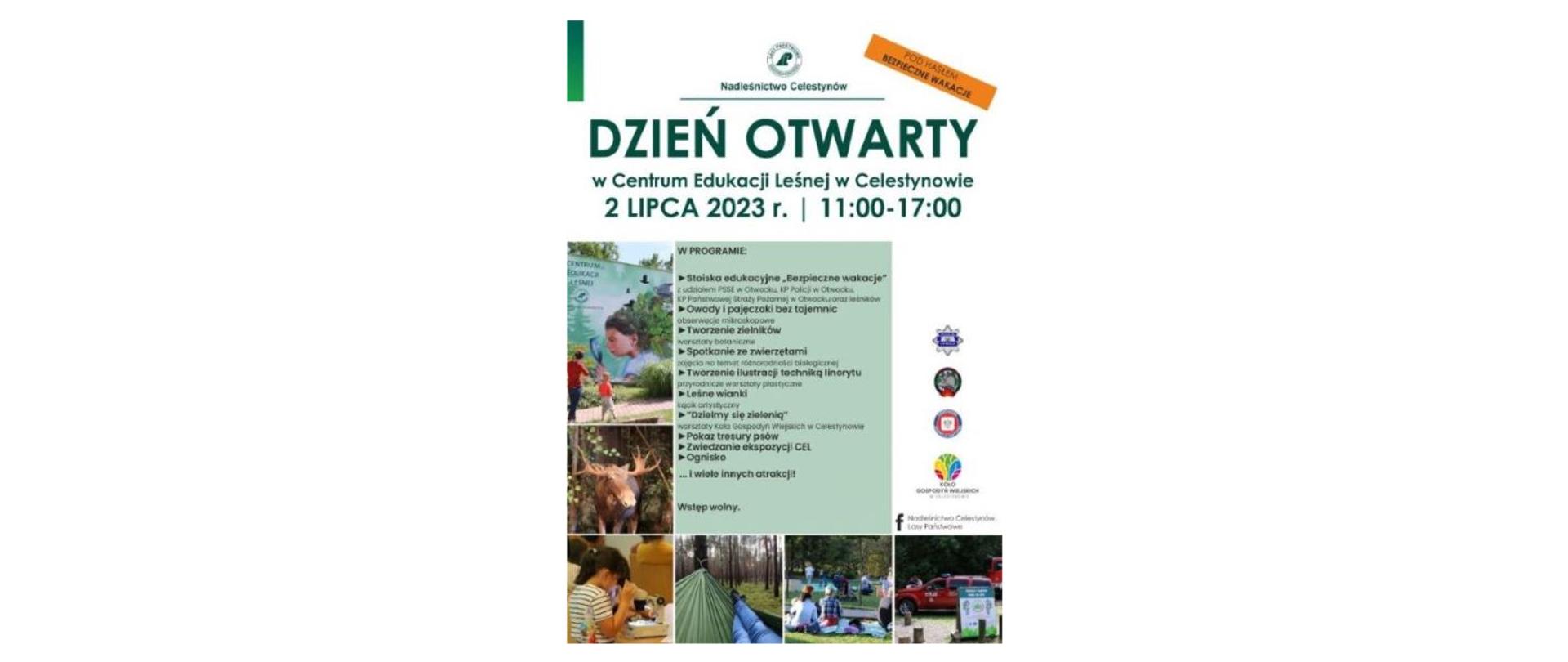 Plik w formacie JPG z plakatem zapraszającym na Dzień Otwarty w Centrum Edukacji Leśnej w Celestynowie - 2 lipca 2023, godz.: 11.00 - 17.00