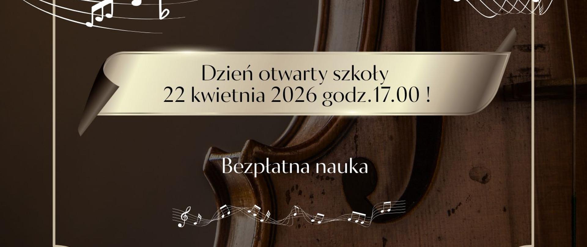 Plakat rekrutacyjny Państwowej Szkoły Muzycznej I i II stopnia im. Ignacego Jana Paderewskiego w Stalowej Woli. Rekrutacja na rok szkolny 2026/2027. Nauka gry na instrumentach: klarnet, trąbka, saksofon, puzon, flet, akordeon, fortepian, gitara, skrzypce, altówka, wiolonczela, kontrabas, perkusja oraz śpiew. Dzień otwarty 22 kwietnia 2026 roku o godzinie 17:00. Zapisy od 2 marca do 15 maja. Bezpłatna nauka. Adres: ulica Narutowicza 11, 37-450 Stalowa Wola. Telefon: 785 421 131.