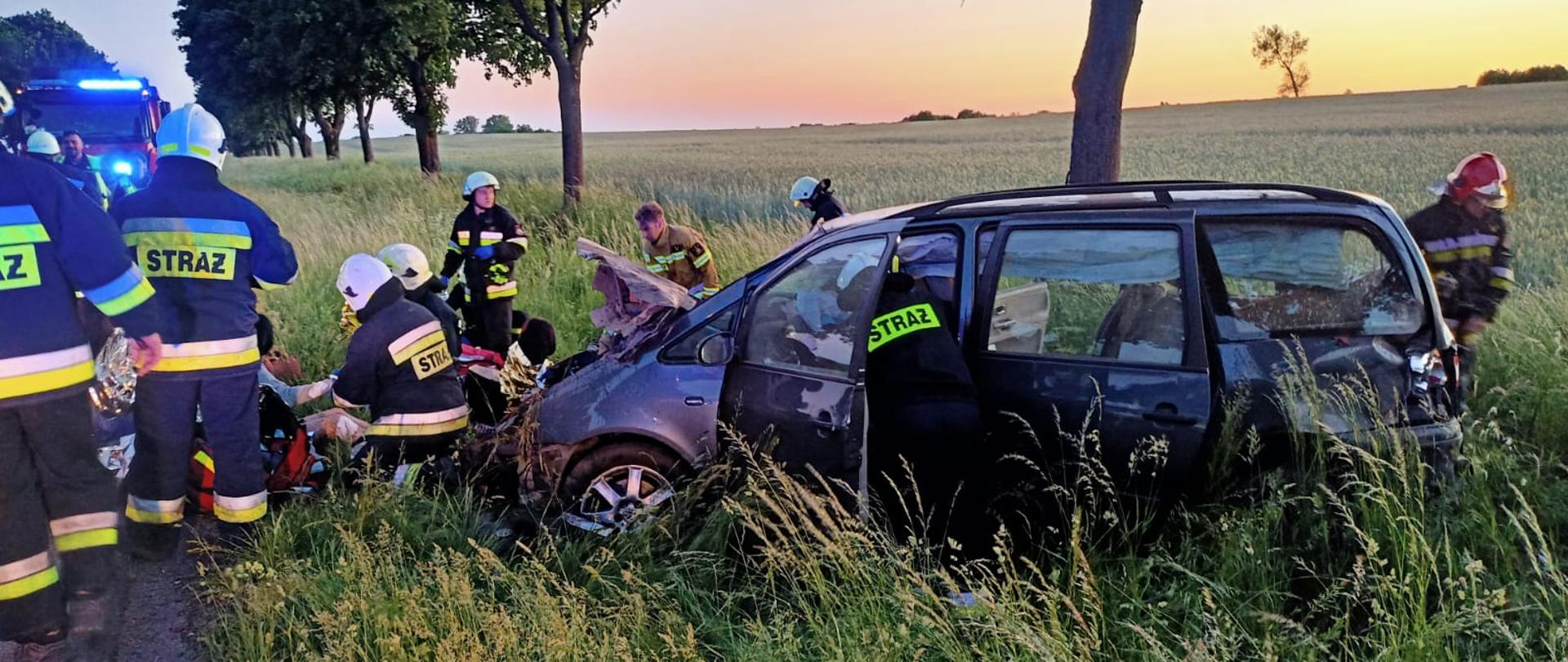 samochód typu VAN stoi w poprzek na poboczu, po lewej grupa strażaków zajmuje się poszkodowanymi