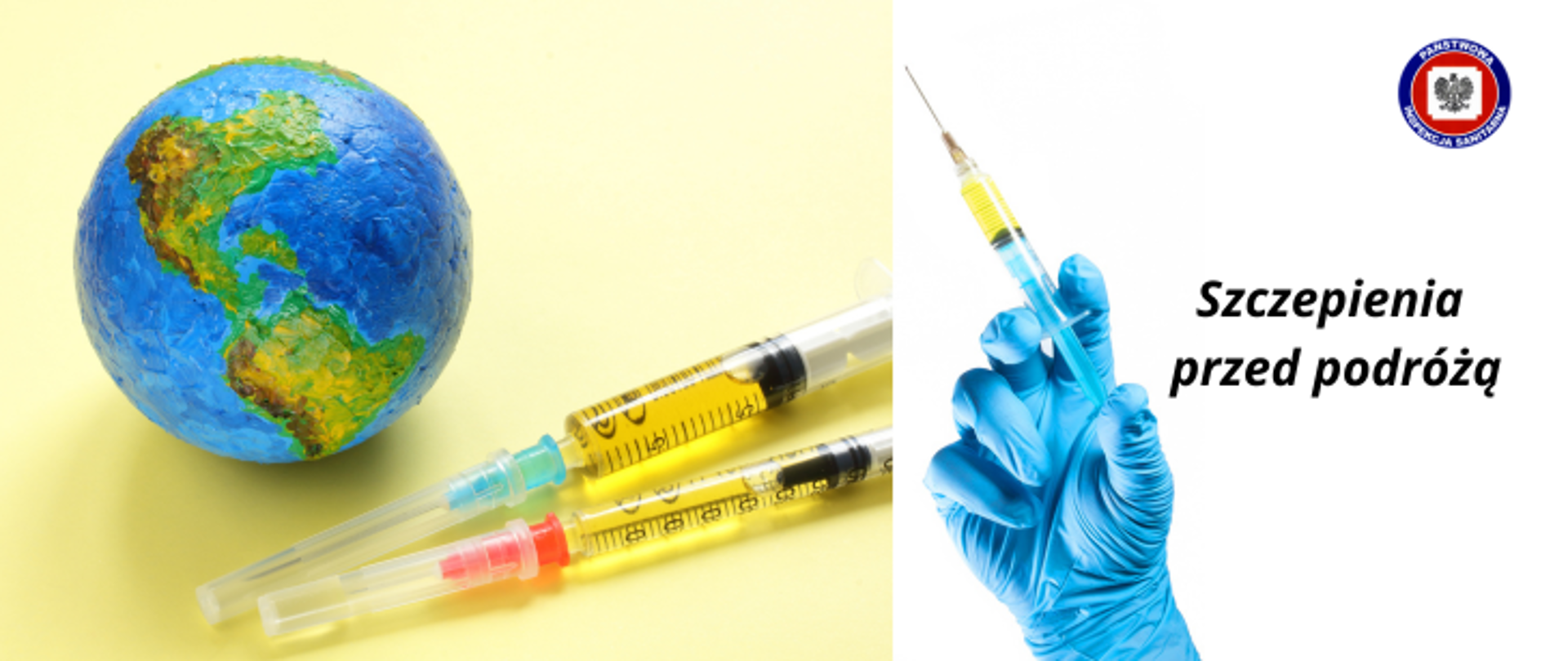 Na jasnym tle po lewej stronie model kuli ziemskiej, obok dwie strzykawki zawierające dawkę szczepionek. Po prawej stronie dłoń w niebieskiej rękawiczce trzymająca strzykawkę zawierającą dawkę szczepionki. w prawym górnym rogu logo Państwowej Inspekcji Sanitarnej.