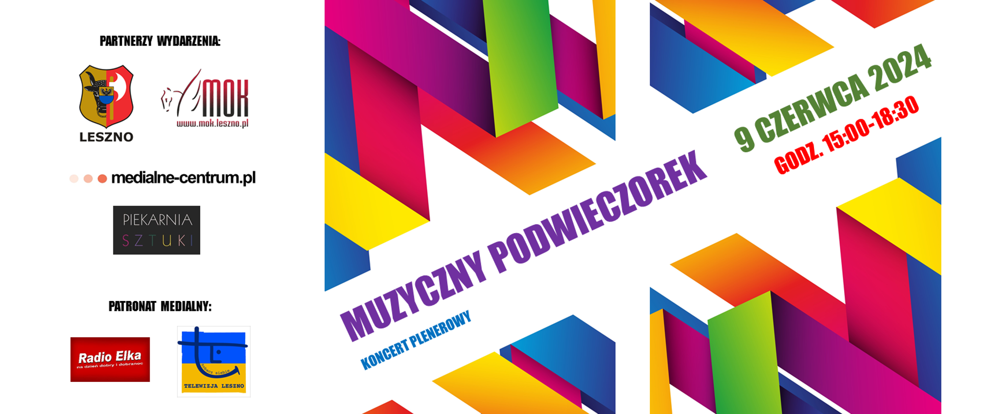 Plakat Muzyczny podwieczorek koncert plenerowy z kolorową grafiką i logami sponsorów