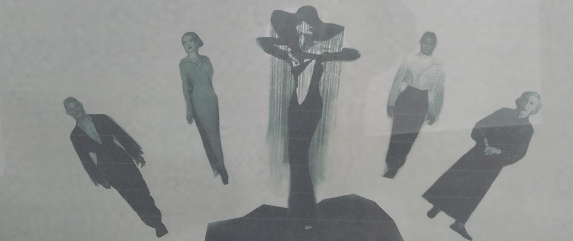 5 postaci stojących w łuku, na szarym tle, na górze scenografia alicja siemko, studentka ASP Warszawa, absolwentka PLSP w Zamościu galeria patio październik 2023