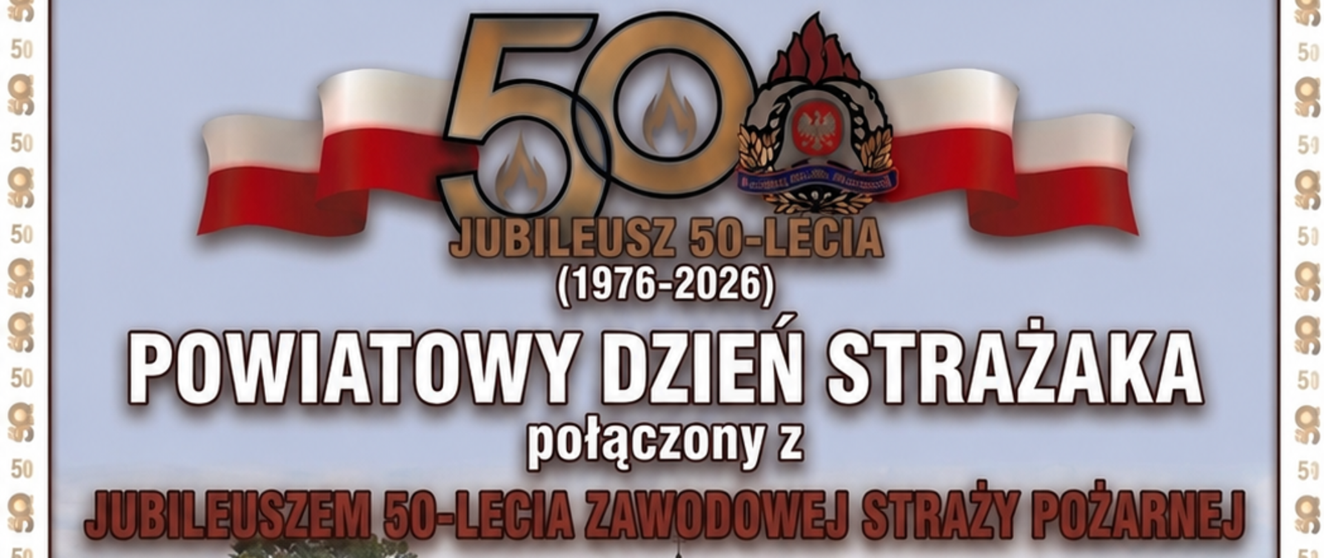 Plakat z informacjami o dniu strażaka, samochód pożarniczy, kościół oraz sztandar trzymany przez strażaków oraz program uroczystość