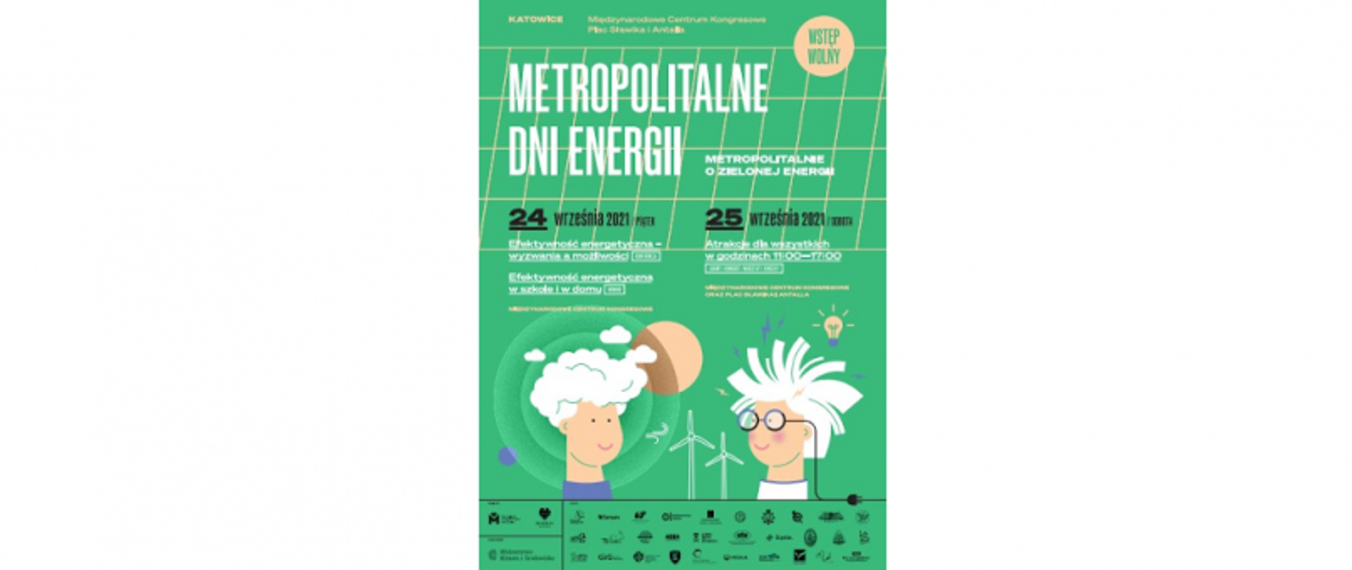 Plakat Metropolitalnych Dni Energii 2021 w Katowicach z grafikami zielonej energii i harmonogramem wydarzenia.