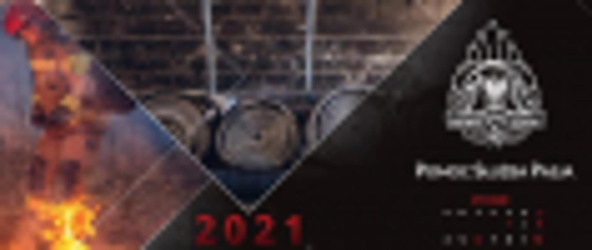 Czarny kalendarz strażacki z biło czerwonymi napisami. W tle znajdują ie dodatkowo dwa obrazki i logo PSP. Na pierwszym strażak z tłumicą gasi pożar trawy natomiast na drugim znajdują się na regale 4 czerwone hełmy strażackie z opuszczonymi przyłbicami oraz trzy sztuki węży. 