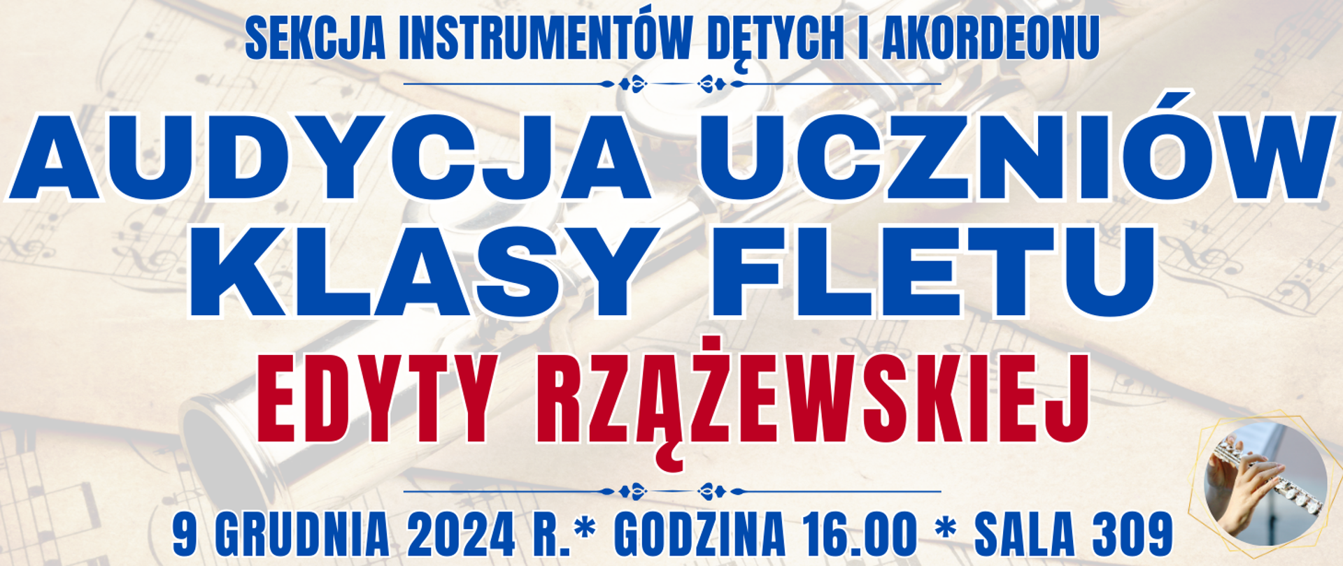 baner w tle półprzezroczysty flet poprzeczny na nutach oraz informacja o wydarzeniu