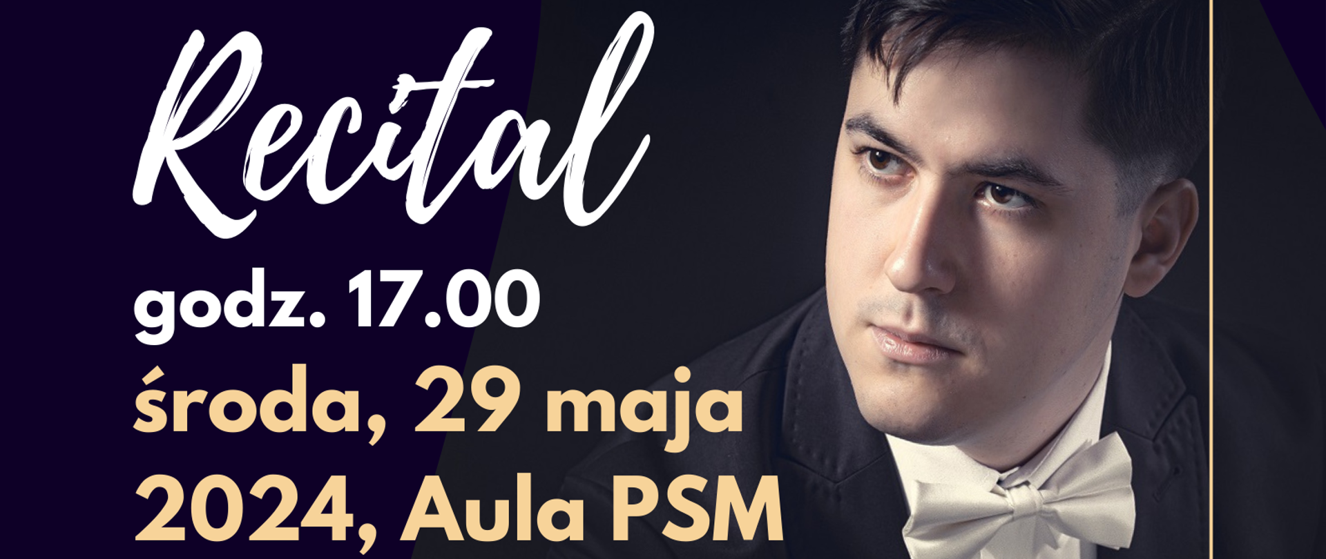 Grafika w ciemnej kolorystyce - odcieniach czerni, granatu i fioletu. Po prawej stronie znajduje się popiersie Michała Michalskiego. W tle znajdują się napisy: "Warsztaty pianistyczne od godz. 10.00, recital - godz. 17.00 - środa, 29 maja 2024 r., aula szkoły. Program: Wolfgang Amadeusz Mozart - Fantazja d-moll KV 397; Sergiusz Rachmaninoff - Sonata b-moll op. 36 - I - Allegro agitato; II - Non allegro - Lento; III - L’istesso tempo - Allegro molto. Prowadzenie - Michał Michalski z Akademii Muzycznej we Wrocławiu".
