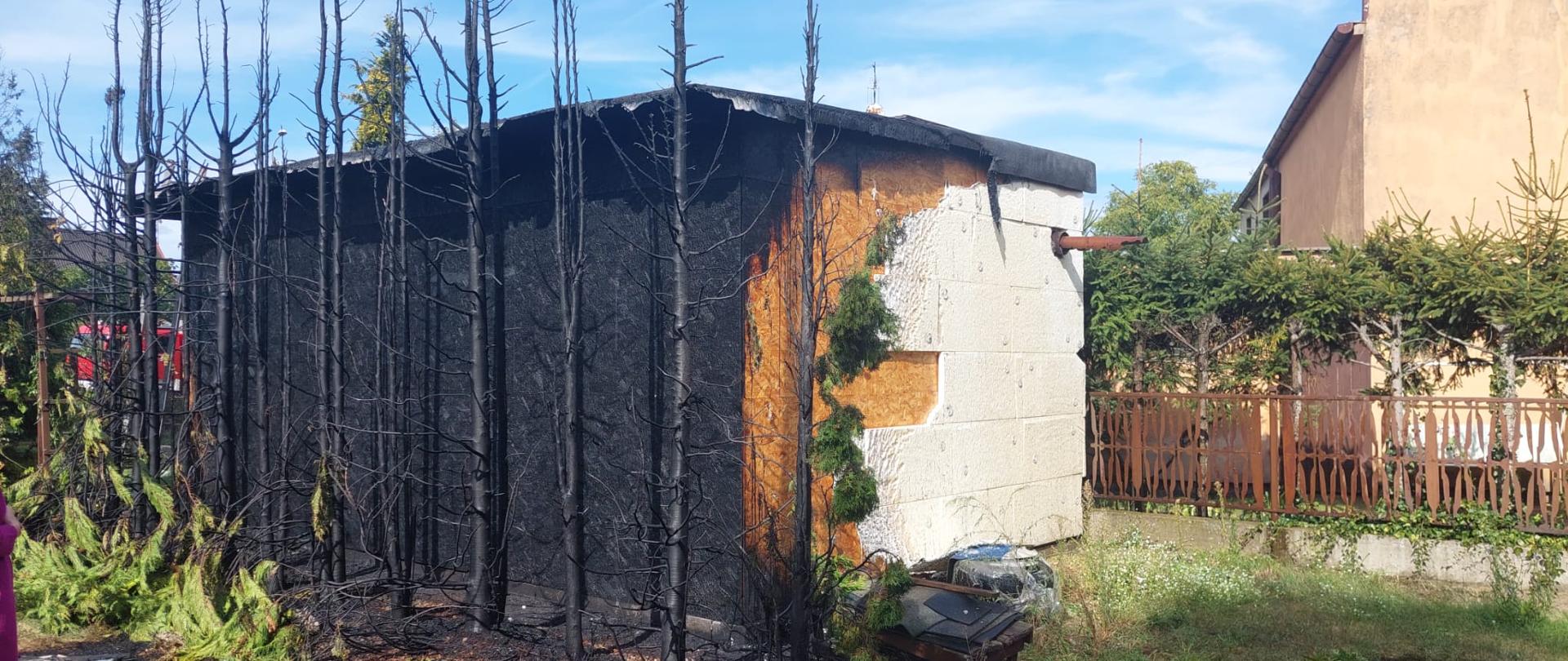 Na zdjęciu widać spalone krzewy oraz nadpalony garaż konstrukcji drewnianej 