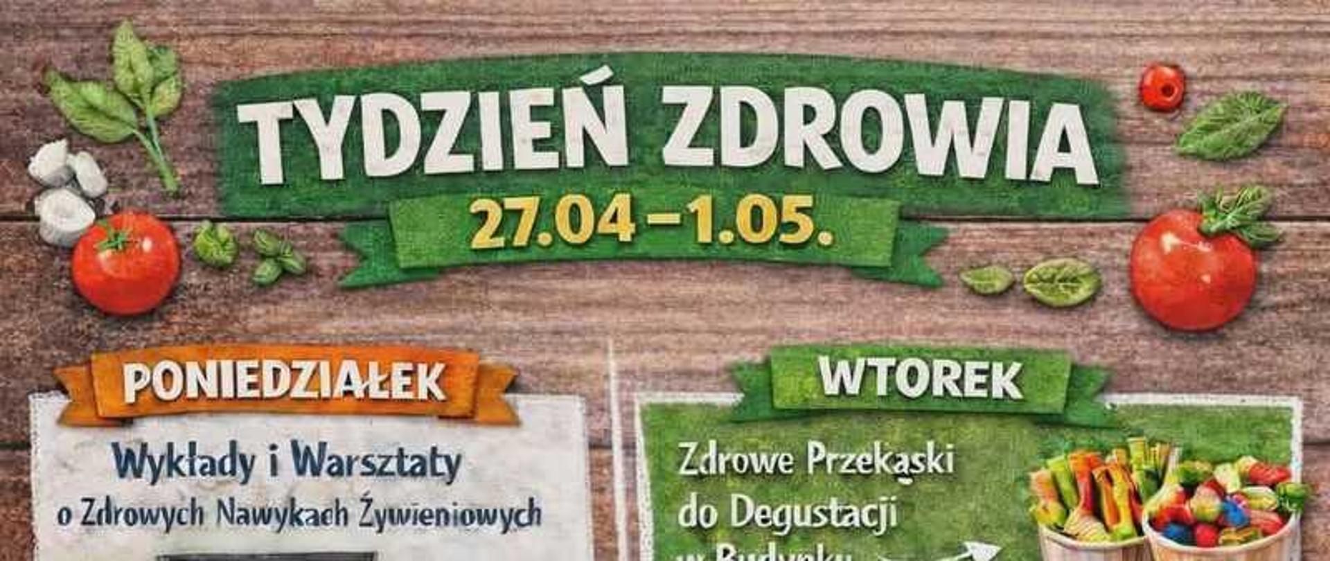Ten obraz to kolorowy plakat informacyjny zatytułowany „TYDZIEŃ ZDROWIA”, zaplanowany na dni od 27.04 do 1.05. Całość ma estetykę nawiązującą do natury i zdrowego stylu życia – tłem jest ciemnobrązowa tekstura drewnianych desek, ozdobiona grafikami świeżych warzyw: pomidorów, czosnku i liści ziół.
Harmonogram wydarzeń przedstawiony jest na pięciu prostokątnych polach, z których każde przypisane jest do innego dnia tygodnia:
Poniedziałek (pomarańczowy nagłówek): „Wykłady i Warsztaty o Zdrowych Nawykach Żywieniowych”. Ilustracja przedstawia prelegentkę wskazującą na piramidę zdrowego żywienia.
Wtorek (zielony nagłówek): „Zdrowe Przekąski do Degustacji w Budynku Sportowym”. Obok widnieją zdjęcia kolorowych słupków warzywnych i zdrowych kulek mocy.
Środa (czerwony nagłówek w centrum): Konkurs Fotograficzny dla Wszystkich „Zdrowie na Talerzu” (Moja Ulubiona Potrawa, Lunchbox). Grafika pokazuje profesjonalny aparat fotograficzny obok estetycznego posiłku.
Czwartek (żółty nagłówek): „Zdrowe zamienniki słodyczy – Warsztaty Kulinarne”. Zdjęcie prezentuje domowe batony zbożowe i bakalie.
Piątek (niebieski nagłówek): „Podsumowanie działań”. Ilustracja przedstawia złoty puchar i dyplomy w formie zwojów, co sugeruje nagrodzenie uczestników.