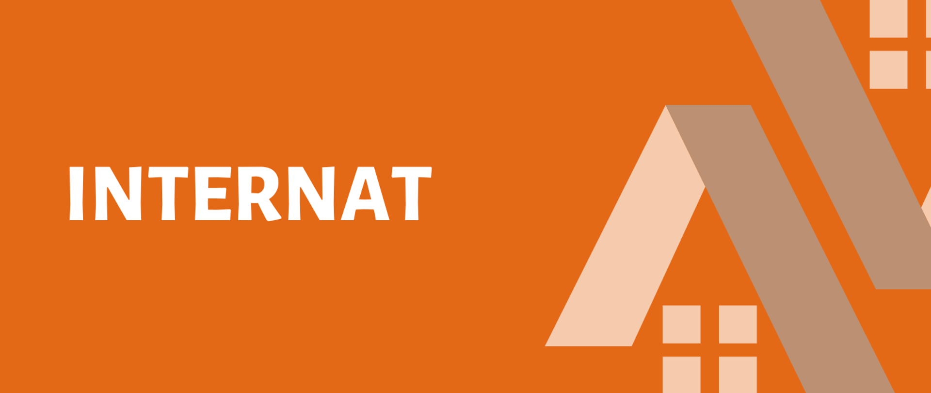 Baner pomarańczowe tło, szary napis INTERNAT, ikonki domków