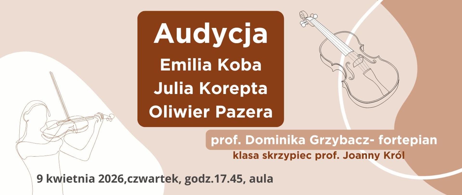 Audycja klasy skrzypiec 9.04.2026 godz.17.45 beżowy plakat zarys postaci i skrzypec