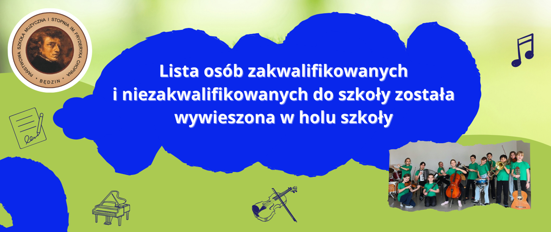 baner na zielonym tle, na środku niebieska chmurka, w środku napis białą trzcionką, na dole zdjęcie dzieci, po lewej od góry logo szkoły