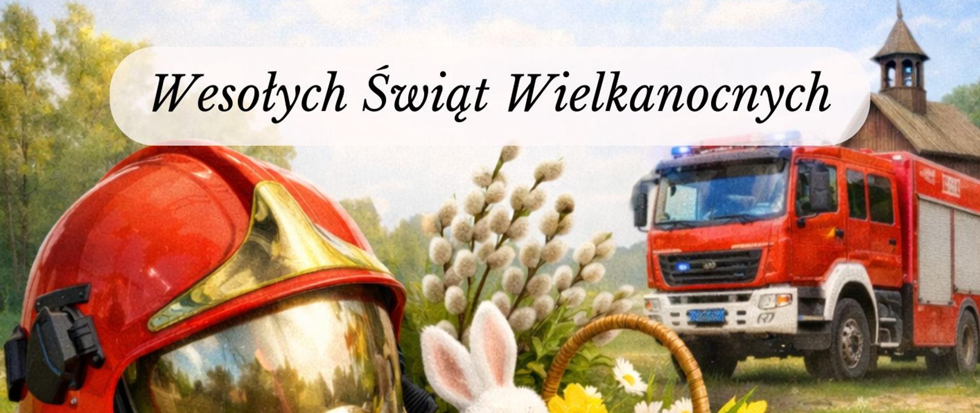 Grafika przedstawiająca koszyk Wielkanocny, hełm i wóz strażacki