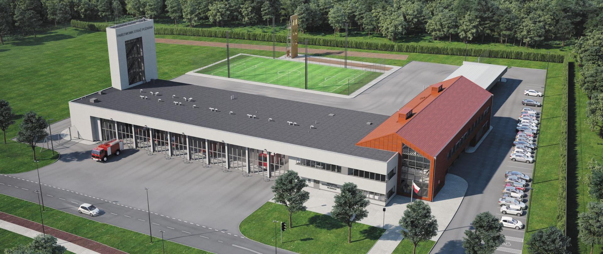 Wizualizacja strażnicy KP z JRG w Żarach. garaż nowej strażnicy w kolorze szarym z 10 bramami wyjazdowymi. Budynek Komendy w kolorze czerwonym z dachem dwuspadowym. Przy budynku JRG wieża w kolorze szarym.