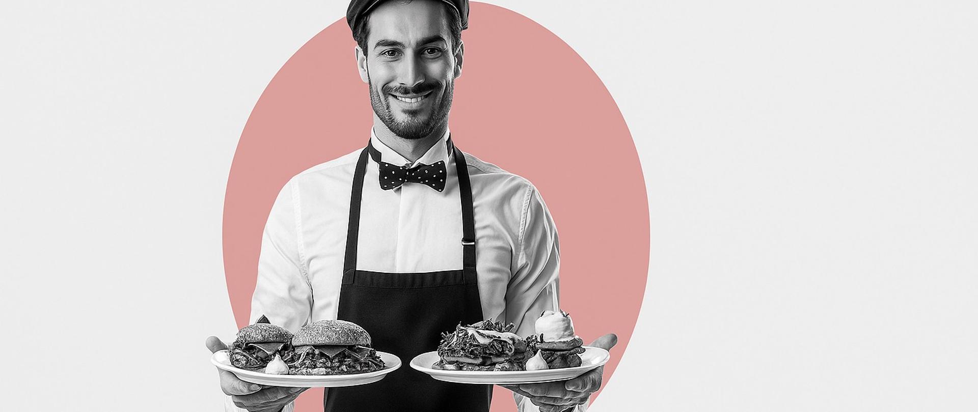 Grafika przedstawia kelnera trzymającego talerze z jedzeniem. 