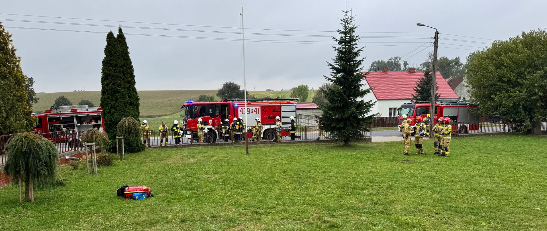 Zastępy stoją przed szkołą. Strażacy stoją na trawie i konsultują. 