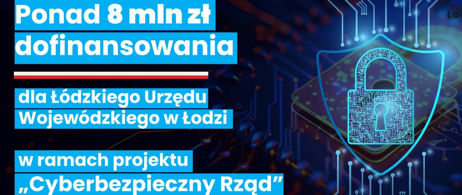 Grafika - ponad 8 mln zł dofinansowania dla Łódzkiego Urzędu Wojewódzkiego w Łodzi w ramach projektu "Cyberbezpieczny Rząd" 