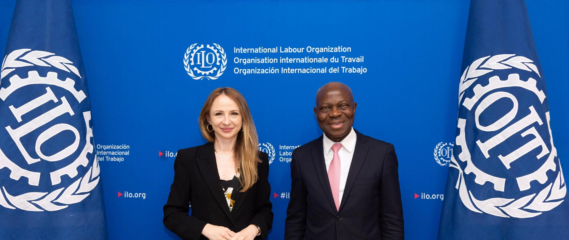 Ministra Agnieszka Dziemianowicz-Bąk z Dyrektorem Generalnym Międzynarodowego Biura Pracy Gilbertem Houngbo