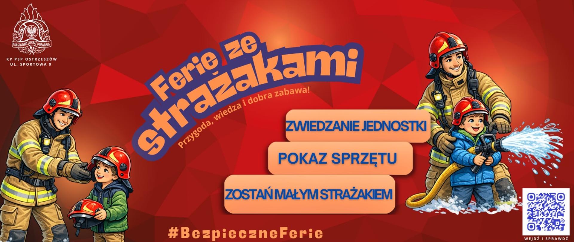 Plakat przedstawiający strażaków z dziećmi i szczegółów dotyczących wydarzenia