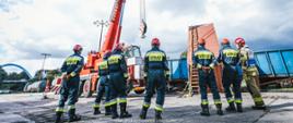 7 strażaków stoi plecami do zdjęcia i patrzą na stojący przed nimi dźwig obok wagonów.