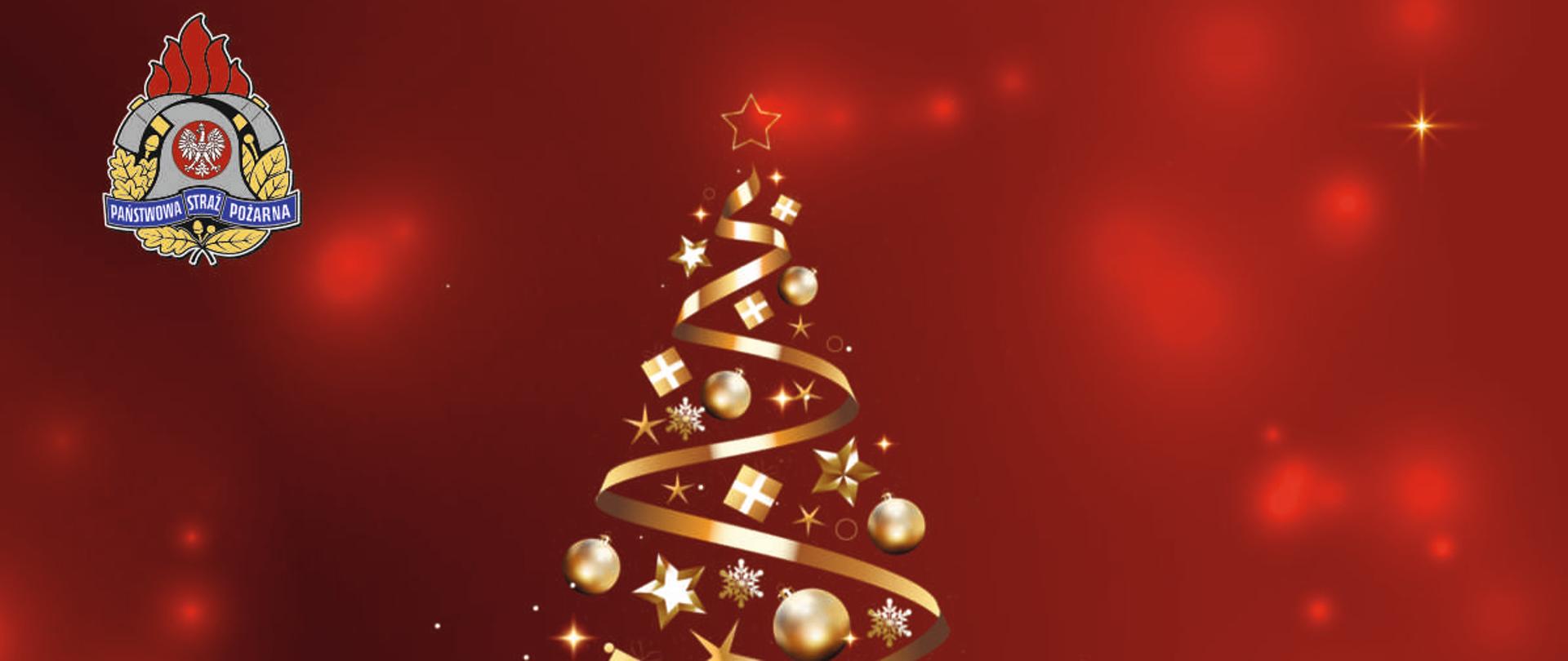 kartka świąteczna - na czerwonym tle złota choinka oraz logo PSP, poniżej tekst Wesołych Świąt