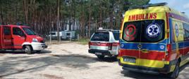 Na zdjęciu widoczne dwa pojazdy straży pożarnej i karetka pogotowia. Ustawione w pobliżu punktu wodowania łodzi na zbiorniku w Sielpi Wielkiej