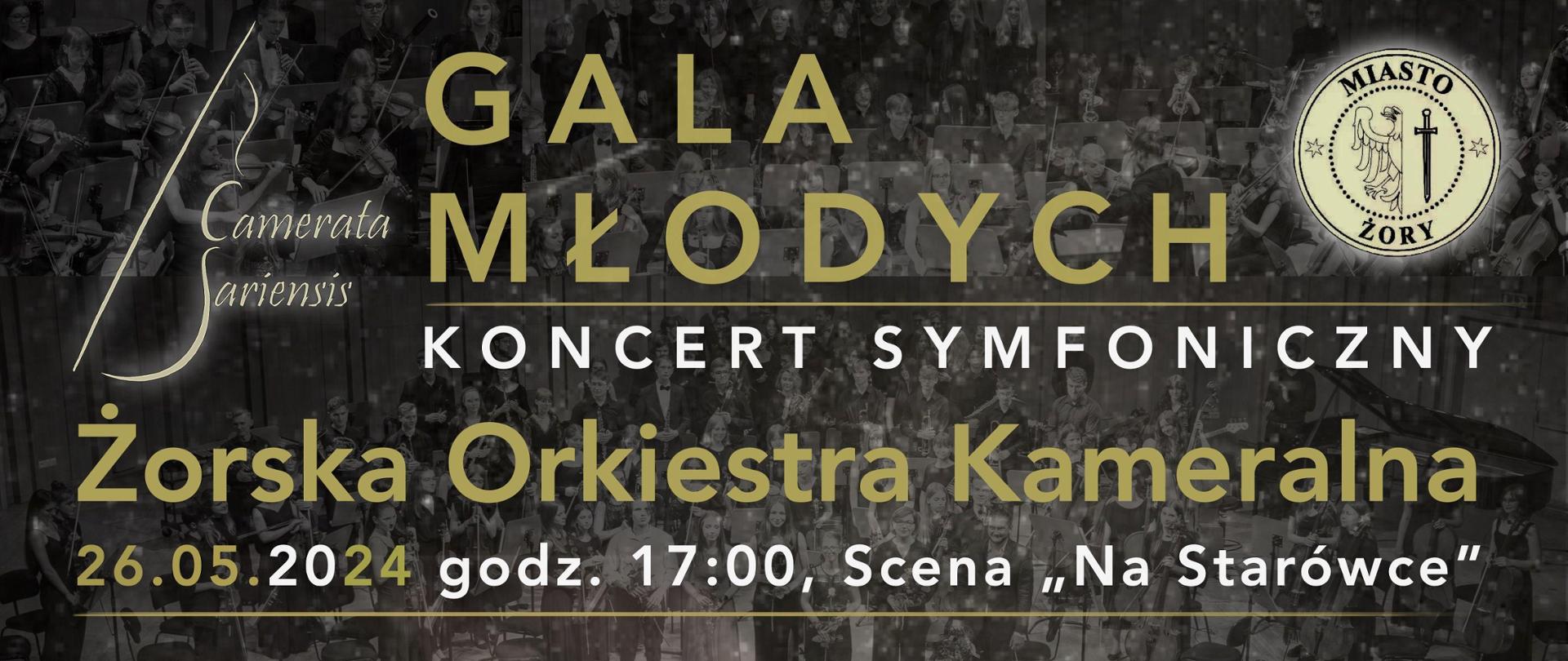 W tle biało-czarny kolaż zdjęciowy przedstawiający młodych artystów - członków orkiestry. Na plakacie biało-złote napisy informujące o wydarzeniu, artystach, repertuarze, czasie i miejscu. W stopce loga organizatorów.
