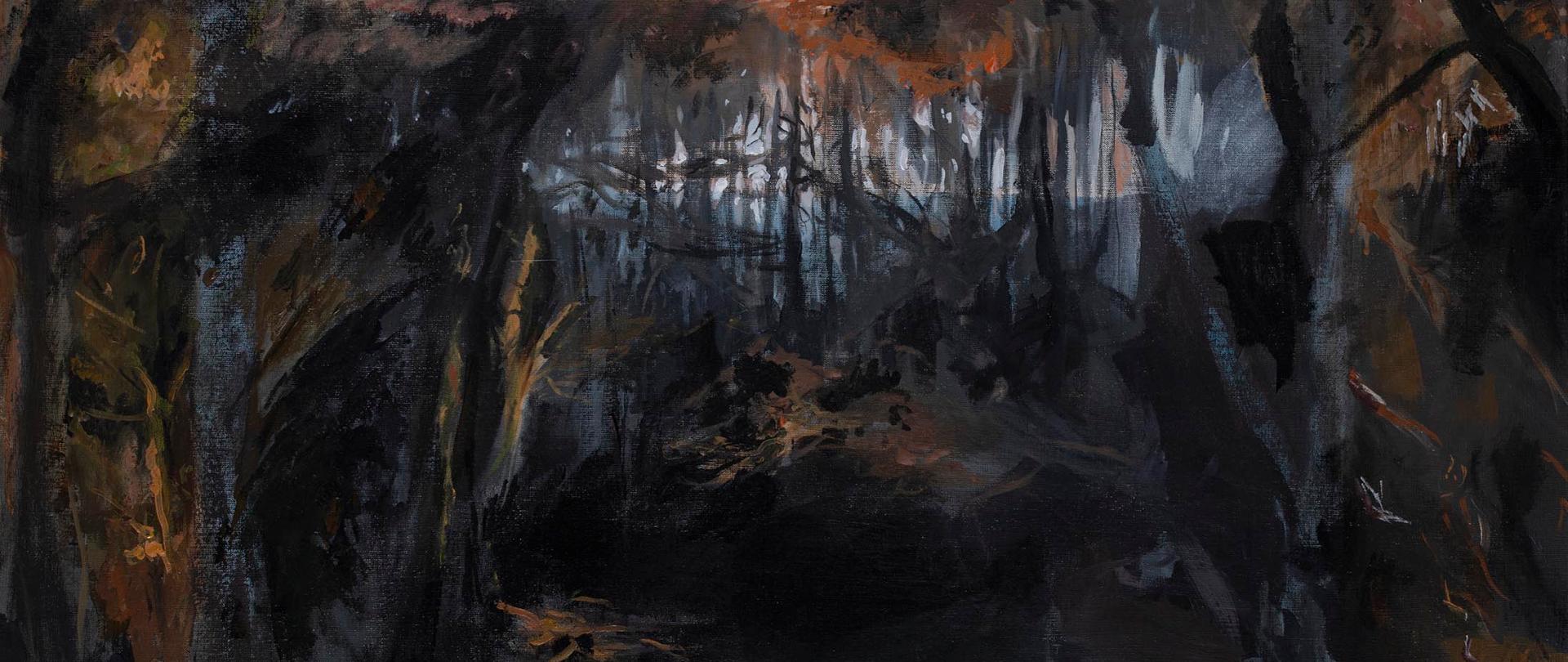 Praca malarska, akryl na płótnie. Abstrakcyjny las w tonacji czerni, beżów, szarości i brązów.