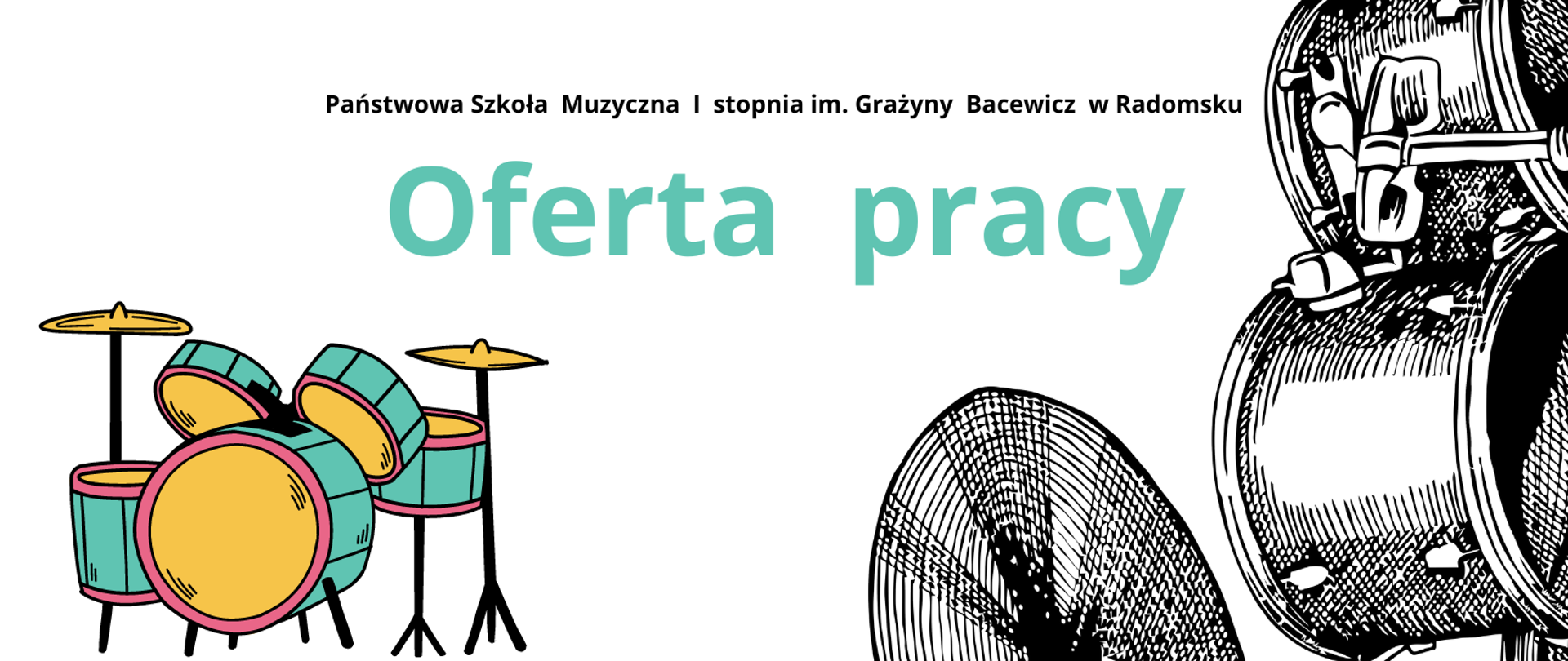 Na białym tle znajdują się napisy informacyjne w kolorze czarnym, turkusowym oraz grafiki dwóch zestawów perkusyjnych w czarnym o czarny, żółtym, różowym, niebieskim.