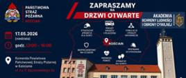 Plakat informacyjny Państwowej Straży Pożarnej w Kościanie zapraszający na „Drzwi Otwarte”. Wydarzenie odbędzie się 17 maja 2026 roku (niedziela) w godzinach 13:00–16:00 w Komendzie Powiatowej Państwowej Straży Pożarnej w Kościanie przy ul. ks. P. Bączkowskiego 5a.
Na plakacie znajdują się zdjęcia budynku straży pożarnej oraz czerwonych wozów strażackich ustawionych przed remizą. W centralnej części wymieniono atrakcje wydarzenia: pokazy sprzętu i pojazdów, symulacje i pokazy ratownicze, spotkania ze strażakami, pierwsza pomoc, bezpieczeństwo na co dzień oraz atrakcje dla dzieci.
W prawym górnym rogu widnieje logo Akademii Ochrony Ludności i Obrony Cywilnej. Na dole plakatu pokazano logotypy partnerów wydarzenia, m.in. Państwowej Inspekcji Sanitarnej, Policji, Wodociągów Kościańskich oraz Związku Ochotniczych Straży Pożarnych RP. Dominujące kolory plakatu to granatowy, czerwony i biały.