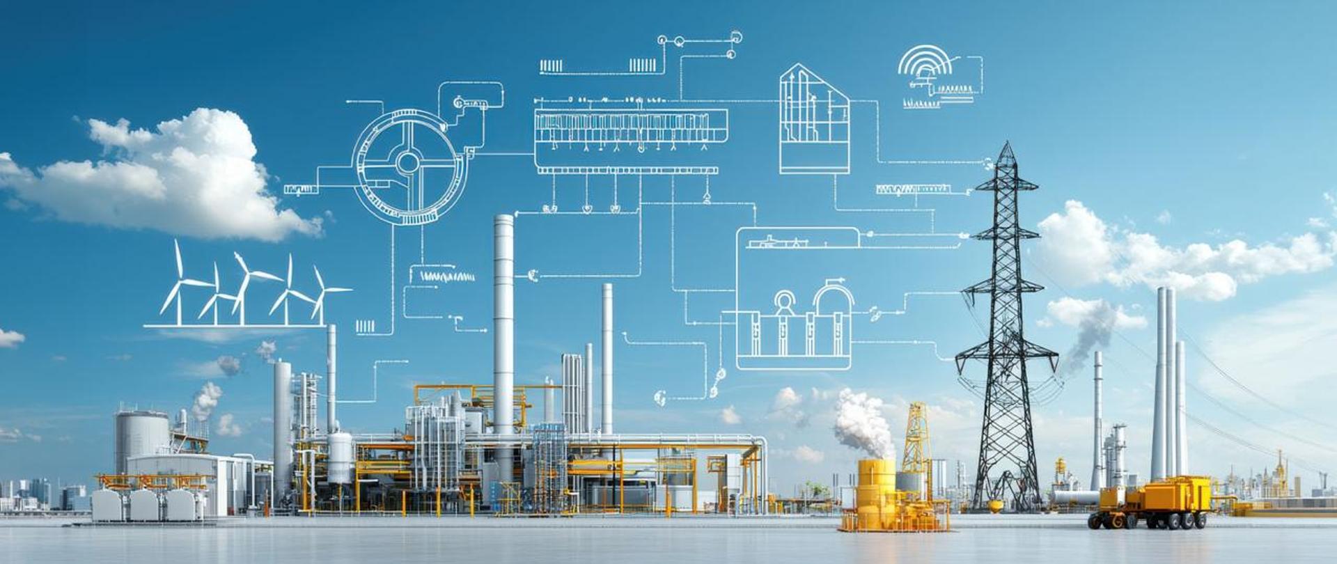 Panoramiczna grafika przedstawia przemysłowy kompleks energetyczny z elektrownią, farmą wiatrową i słupem wysokiego napięcia na tle błękitnego nieba, połączony białą siecią schematów technicznych symbolizujących przepływ energii.