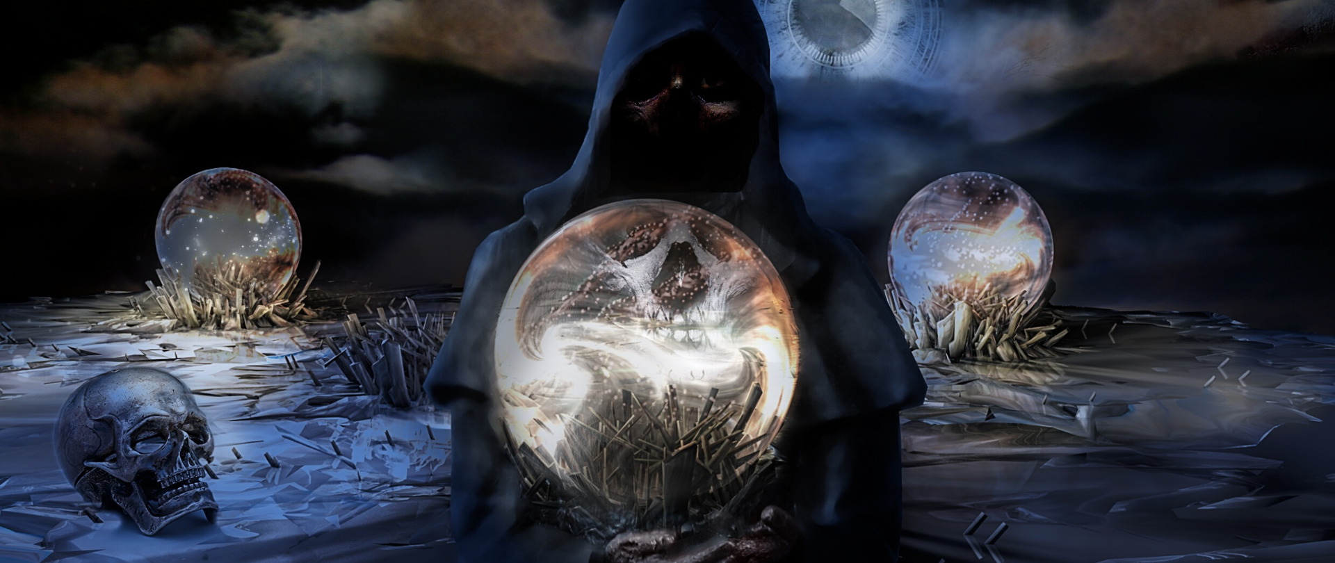 Człowiek w czerni trzymający szklaną kulę, w której widać zarys czaszki