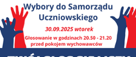 Plakat informujący o wyborach do Samorządu Uczniowskiego biało granatowe tło, białe, czerwone i granatowe napisy: data, godzina, miejsce głosowania. Grafika przedstawiająca czerwone i granatowe dłonie uniesione do góry