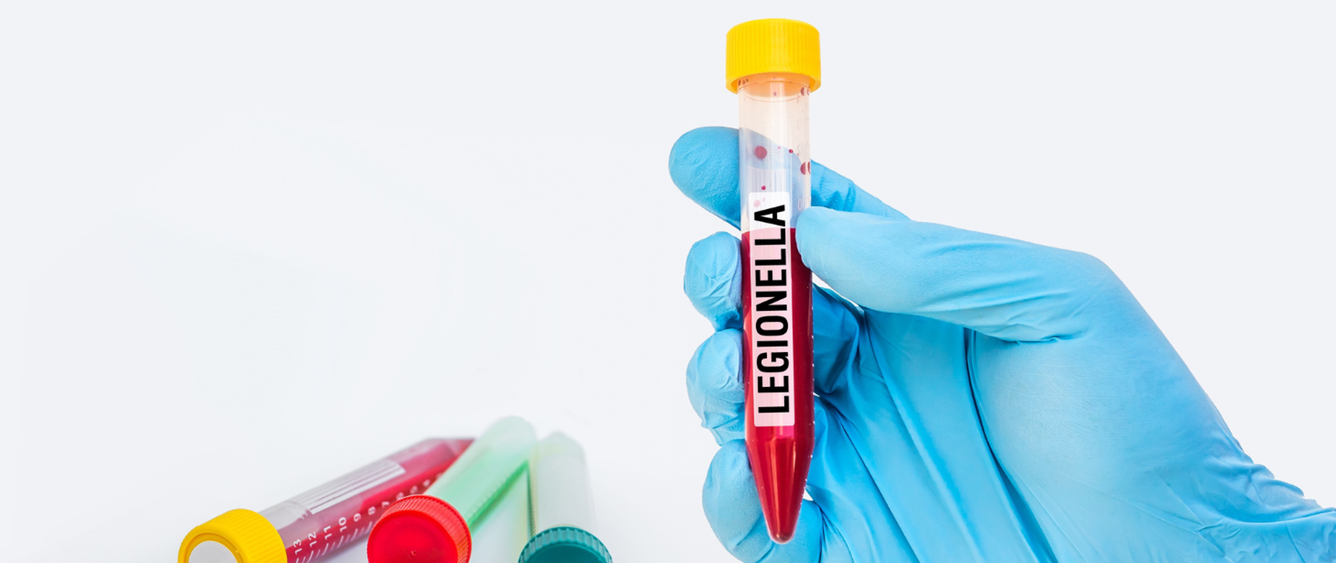 Na białym tle prawej strony ręka w niebieskiej sylikonowej rękawiczce trzymająca próbówkę z żółtym korkiem z napisem legionella. Po prawej stronie 3 próbówki z żółtym, czerwonym i zielonym korkiem.