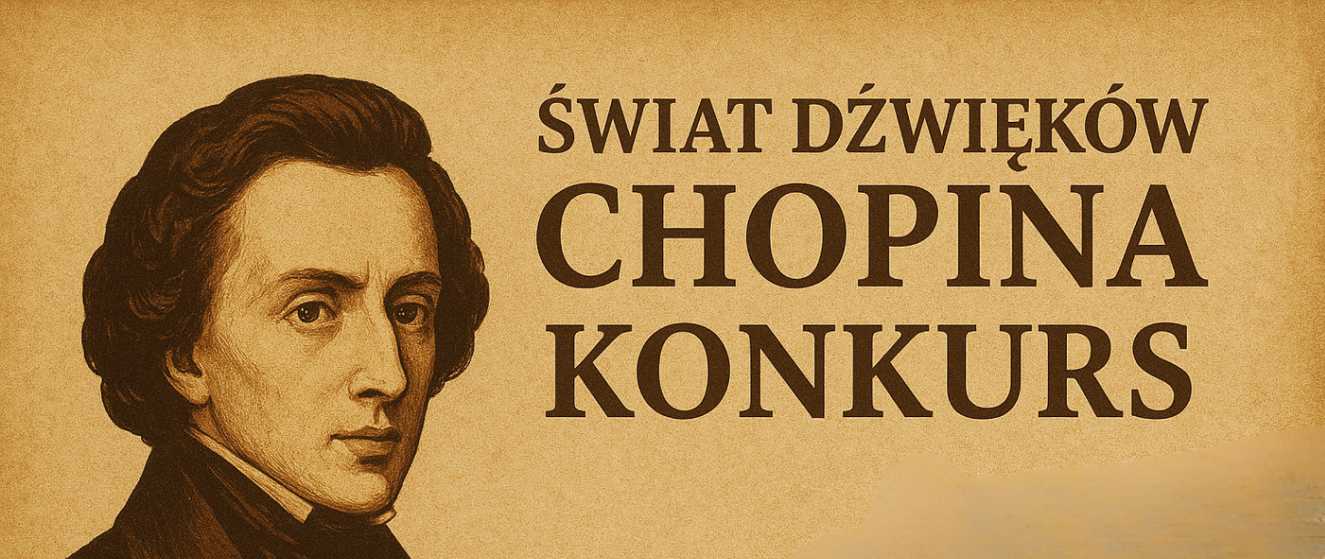 Plakat w stylu vintage reklamujący konkurs „Świat Dźwięków Chopina”. Po lewej stronie znajduje się rysunkowy portret Fryderyka Chopina w brązowych, sepiowych tonacjach. Po prawej stronie widnieje duży napis „ŚWIAT DŹWIĘKÓW CHOPINA KONKURS”. Tło przypomina postarzały papier w odcieniach beżu i brązu.