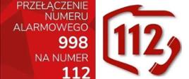 Zdjęcie przedstawia napisy w kolorze białym i czerwonym o następującej treści: „PRZEŁĄCZENIE NUMERU ALARMOWEGO 998 NA NUMER 112”.
W tle białe i czerwone tło.
